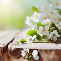 Spring season flowering plant branches with wooden table stand, floral background - image photo