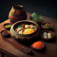 Beautiful varied Asian food on a dark background - image photo