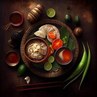 Beautiful varied Asian food on a dark background - image photo