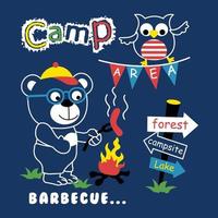 bear and owl in the camp area funny animal cartoon vector