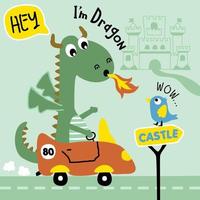 dragon on the car funny animal cartoon vector