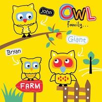 owl family in the farm funny animal cartoon vector