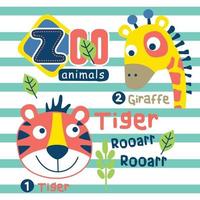 Tigre y jirafa en el zoo gracioso animal dibujos animados vector