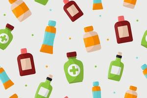 Medicine Bottles with labels, seamless Pattern. Flat Vector illustration.