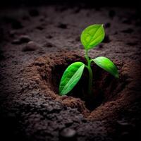 The growth of a new plant in the soil of the earth, environmental care, green energy - AI generated image photo