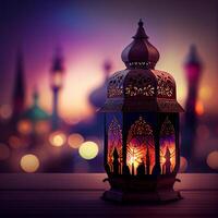 Ornate original traditional oriental asian lantern with beautiful bokeh of holiday lights and mosque in the background - image photo