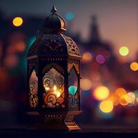 Ornate original traditional oriental asian lantern with beautiful bokeh of holiday lights and mosque in the background - image photo