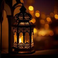 Ornate original traditional oriental asian lantern with beautiful bokeh of holiday lights and mosque in the background - image photo