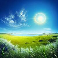 Bright sun shines on green morning grassy meadow, bright blue sky - image photo