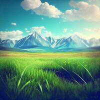 Bright sun shines on green morning grassy meadow, bright blue sky - image photo