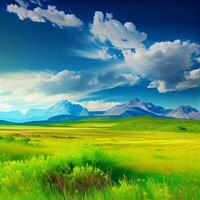 Bright sun shines on green morning grassy meadow, bright blue sky - image photo