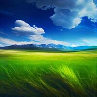 Bright sun shines on green morning grassy meadow, bright blue sky - AI generated image photo