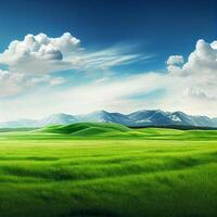 Bright sun shines on green morning grassy meadow, bright blue sky - AI generated image photo