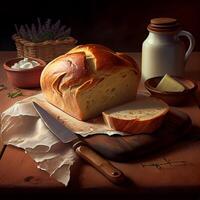 hecho en casa Fresco de masa fermentada pan, oscuro antecedentes - ai generado imagen foto