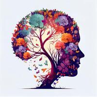 humano cerebro árbol con flores y mariposas, concepto de yo cuidado, mente, ideas, creatividad - ai generado imagen foto