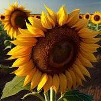 Field of sunflowers in bloom, hot sunny summer - image photo