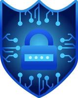 Cyber security illustration. Padlock password of technology for cyber security. Icon of padlock and shield with microchip for design about cyber and technology. Locked password for graphic resource vector