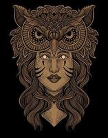 illustration tribal girl with owl head on black background vector