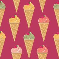 Seamless pattern of ice cream in a waffle cone. Vector illustration