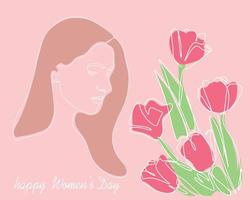 Banner postcard with International Women's Day. Illustration of a tender girl with tulips. Continuous drawing with one line. Vector