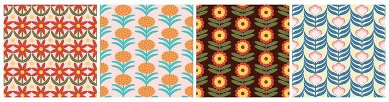 Set of Retro Floral Pattern. 70s Funky Design collection with Geometric Flowers. Groovy Mid Century scandi Seamless vector texture for fabric design, textile print, wrapping, cover