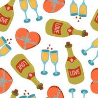 Bottle of wine or champagne, Two clinking glasses, Heart shaped candy box of chocolates for valentine's day vector seamless pattern. Celebration Cheers and toast texture