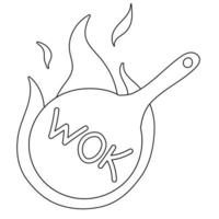 Wok frying pan with flame. icon in flat doodle style. Vector illustration. Wok, asian food, logo for cafe