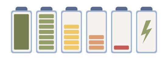 Battery charge indicator icon set. Charge level, charge power. Discharged and fully charged battery. Battery charge from high to low. Vector flat illustration