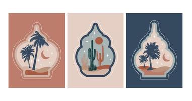 Collection of oriental style Islamic windows, palm trees, cactus and desert vector