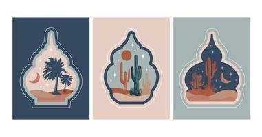 Collection of oriental style Islamic windows, palm trees, cactus and desert vector