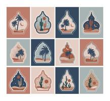 Collection of oriental style Islamic windows, palm trees, cactus and desert vector