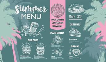 Summer menu, Restaurant food. Hand drawn illustrations. Vector food flyer.