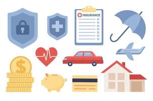 Insurance icon set. Car, property, travel, accident, policy, life, medical insurance. Vector flat illustration