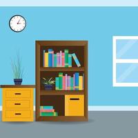 Vector cartoon illustration of empty home office with bookcase, modern interior with table