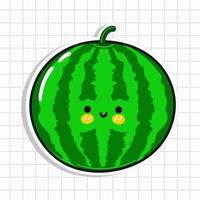 Cute funny watermelon sticker. Vector hand drawn cartoon kawaii character illustration icon. Isolated on blue background. Watermelon character concept