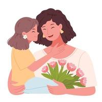 Daughter gives mother a bouquet.Mother's day.Flat.Hand style. vector