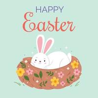 Easter Bunny lies in a spring nest.Easter card.Happy Easter.Cute spring illustration. vector