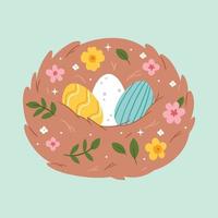 Pascua de Resurrección huevos en un primavera nido con flores Pascua de Resurrección tarjeta. contento Pascua de Resurrección. linda primavera ilustración. vector