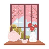primavera fuera de el ventana. un amable todavía vida con un taza de un tetera y un florero en el antepecho. el plano ilustración es dibujado a mano. vector