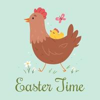 Hen mother with chicken child.Easter card.Easter time. Cute spring illustration. vector