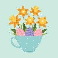 primavera flores narcisos en un taza con Pascua de Resurrección huevos.pascua tarjeta. contento Pascua de Resurrección. linda primavera ilustración. vector