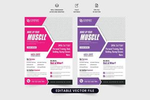 Gym business advertisement poster and flyer design with pink and purple colors. Bodybuilding and fitness service promotional web banner vector with discount section. Fitness club admission flyer.