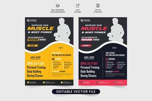 Gym training center promotional flyer design with discount section. Fitness and bodybuilding institute poster layout vector with photo placeholders. Gym business advertisement flyer for marketing.