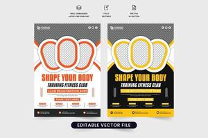 Creative gym management and promotional flyer vector with orange and yellow colors. Fitness training center flyer design for marketing. Professional body fitness business advertisement template vector