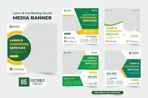 Gardening business social media post set vector for marketing. Lawn and farming service poster template collection with photo placeholders. Agriculture and landscaping business web banner bundle.