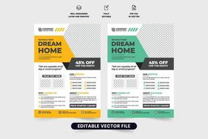 casa construcción negocio volantes diseño con foto marcadores de posición hogar mantenimiento y reparar Servicio modelo vector para marketing. real inmuebles Servicio promocional volantes con verde y amarillo colores.