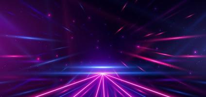 Abstract technology futuristic neon triangle glowing blue and pink  light lines with speed motion blur effect on dark blue background. vector