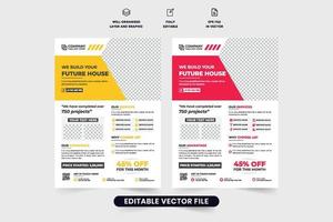 Home construction and renovation service promotional poster and flyer design with red and yellow colors. Real estate business flyer template vector. Handyman service advertisement banner design. vector