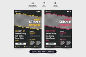 gimnasio negocio volantes modelo con amarillo y rojo colores en oscuro antecedentes. aptitud gimnasio volantes vector con foto marcadores de posición moderno gimnasio póster y volantes diseño diseño para marketing.