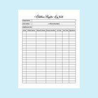 Childcare register journal template interior. Children's daycare information and registration notebook interior. log book interior. Child registers and parents information tracker template. vector